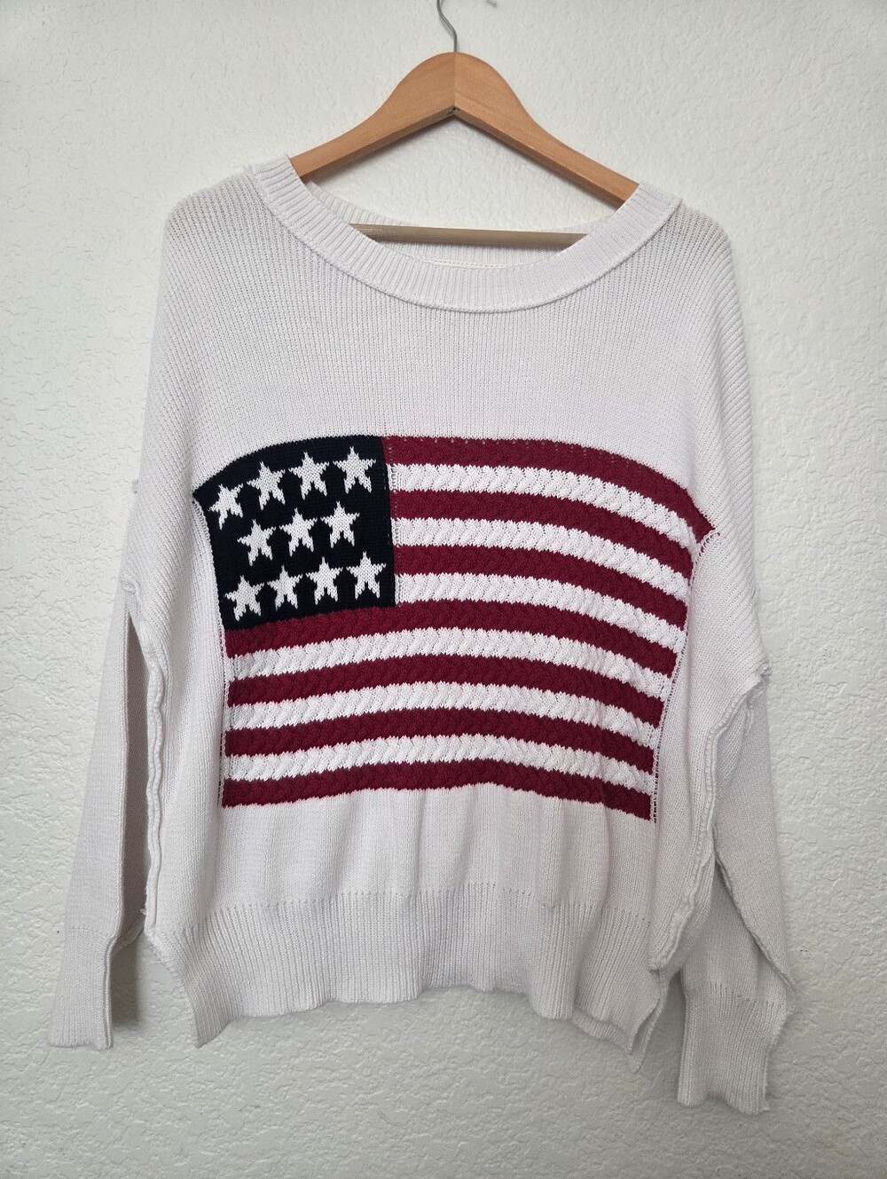 Miracle American Flag Sweater White Oversized Knit Cotton Pullover S/M